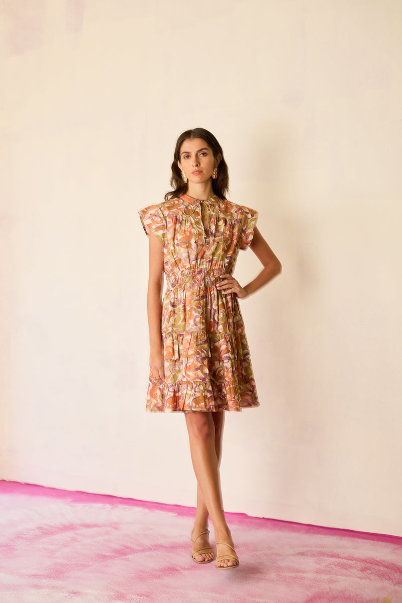 Brushstroke Gathered Mini Dress cotton dress by World of SiSa in multi-color for women Worldwide