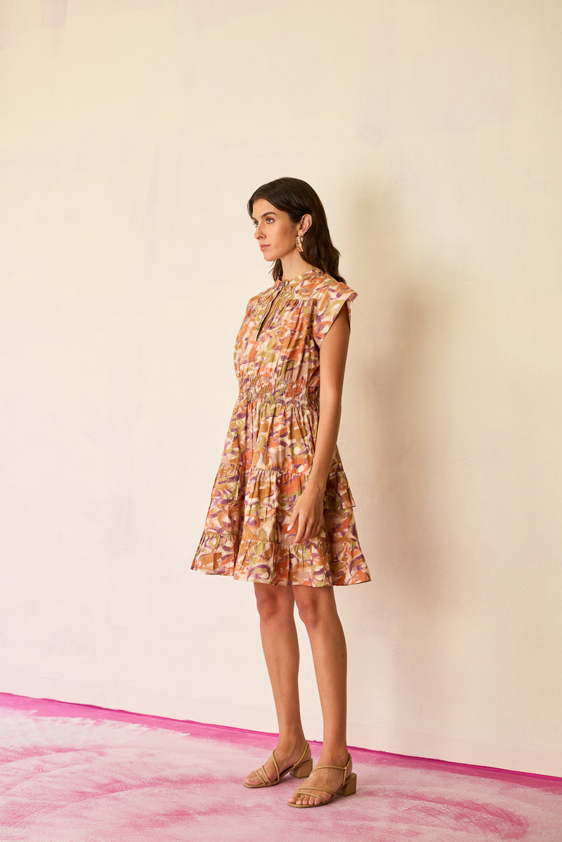 Brushstroke Gathered Mini Dress cotton dress by World of SiSa in multi-color for women Worldwide