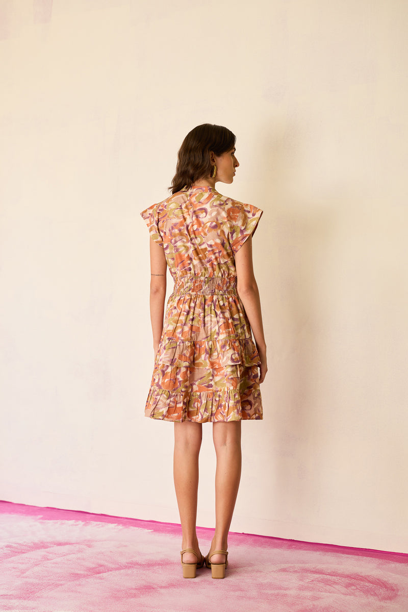 Brushstroke Gathered Mini Dress cotton dress by World of SiSa in multi-color for women Worldwide