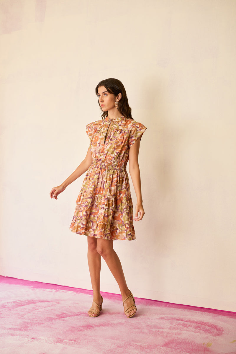 Brushstroke Gathered Mini Dress cotton dress by World of SiSa in multi-color for women Worldwide