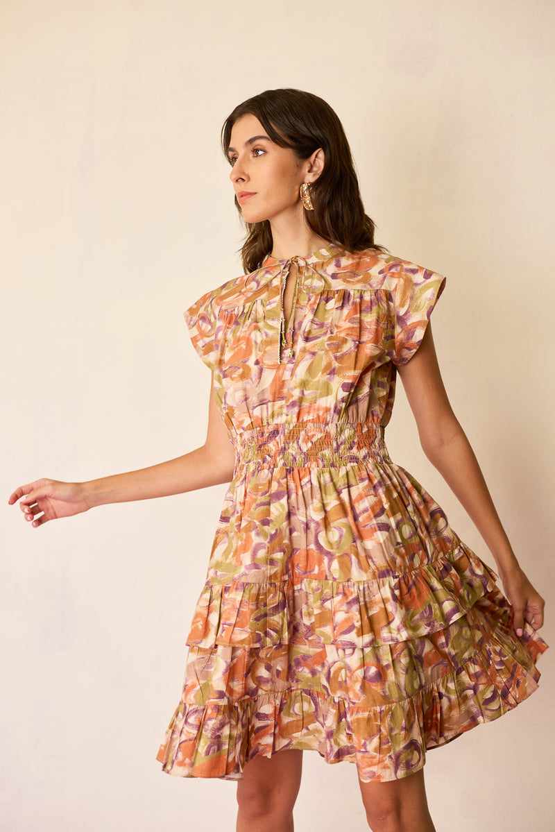 Brushstroke Gathered Mini Dress cotton dress by World of SiSa in multi-color for women Worldwide