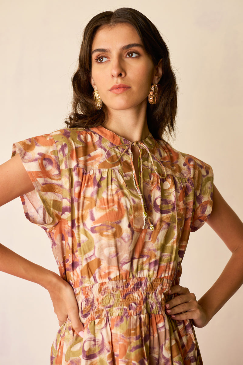 Brushstroke Gathered Mini Dress cotton dress by World of SiSa in multi-color for women Worldwide