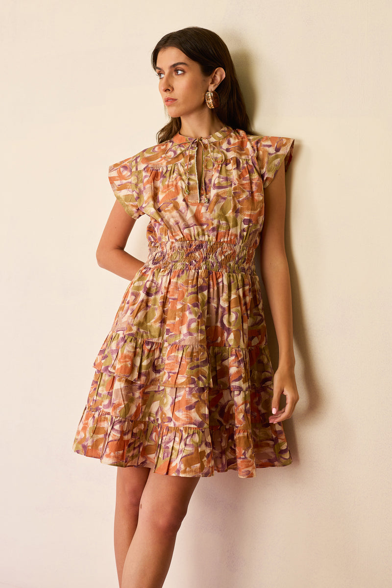 Brushstroke Gathered Mini Dress cotton dress by World of SiSa in multi-color for women Worldwide