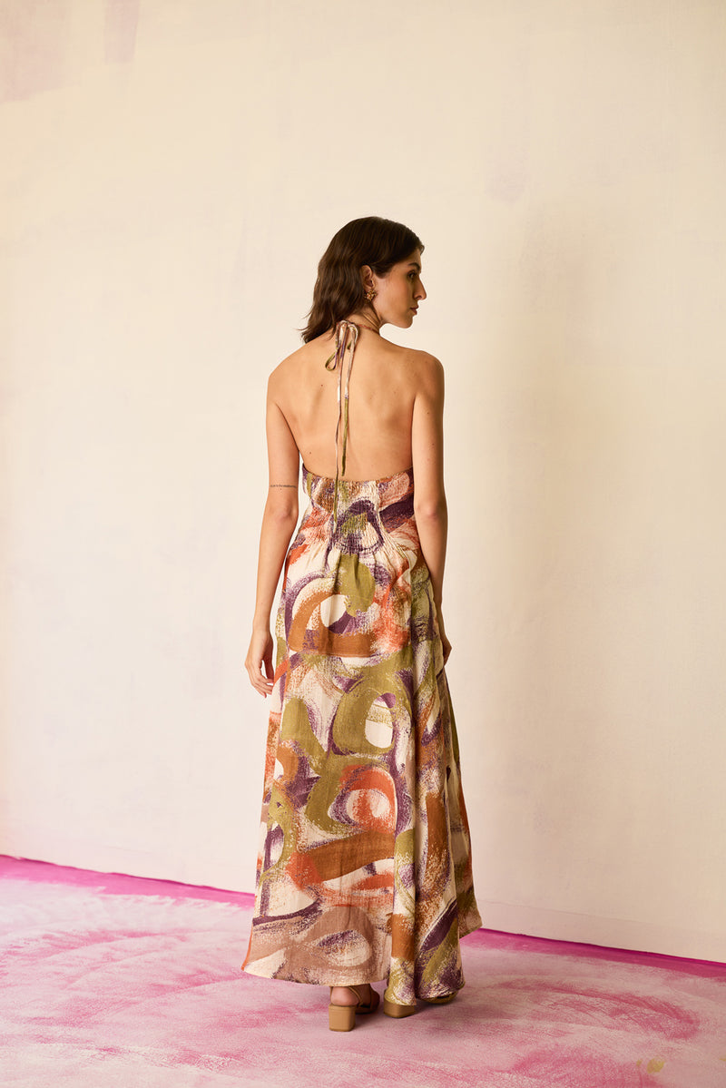 Brushstroke Halter Neck Maxi Dress linen dress by World of SiSa in multi-color for women Worldwide