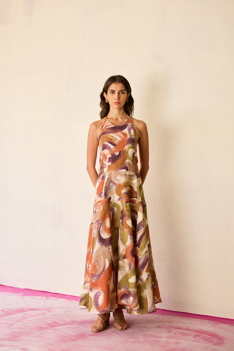 Brushstroke Halter Neck Maxi Dress linen dress by World of SiSa in multi-color for women Worldwide