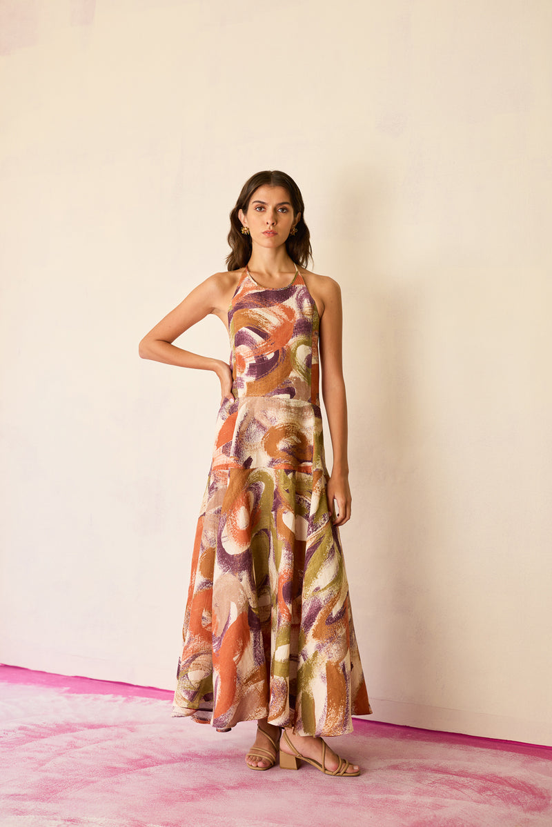Brushstroke Halter Neck Maxi Dress linen dress by World of SiSa in multi-color for women Worldwide