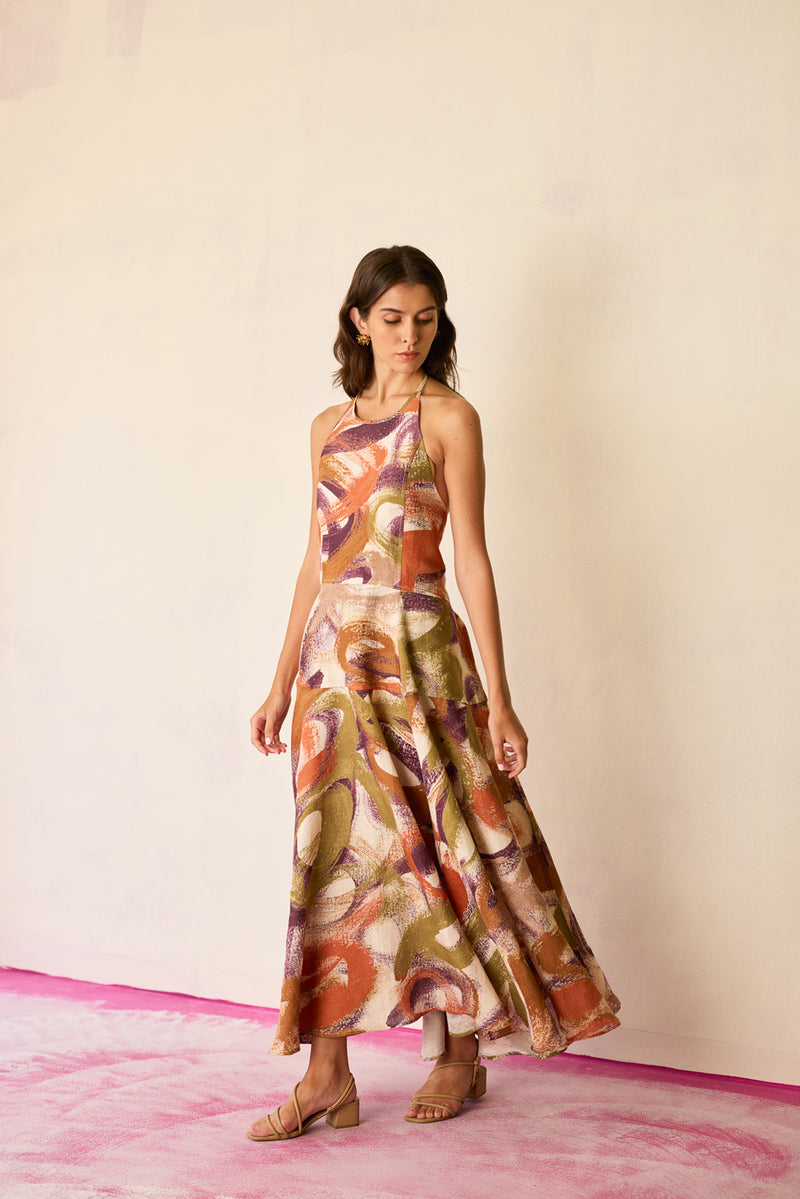 Brushstroke Halter Neck Maxi Dress linen dress by World of SiSa in multi-color for women Worldwide