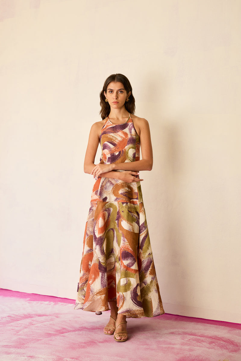 Brushstroke Halter Neck Maxi Dress linen dress by World of SiSa in multi-color for women Worldwide