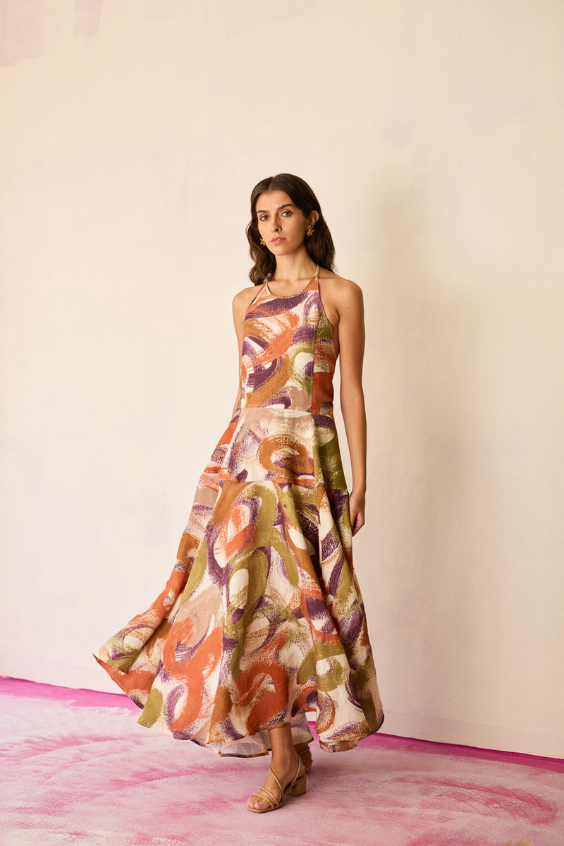 Brushstroke Halter Neck Maxi Dress linen dress by World of SiSa in multi-color for women Worldwide