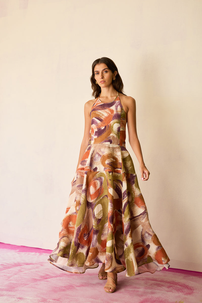 Brushstroke Halter Neck Maxi Dress linen dress by World of SiSa in multi-color for women Worldwide