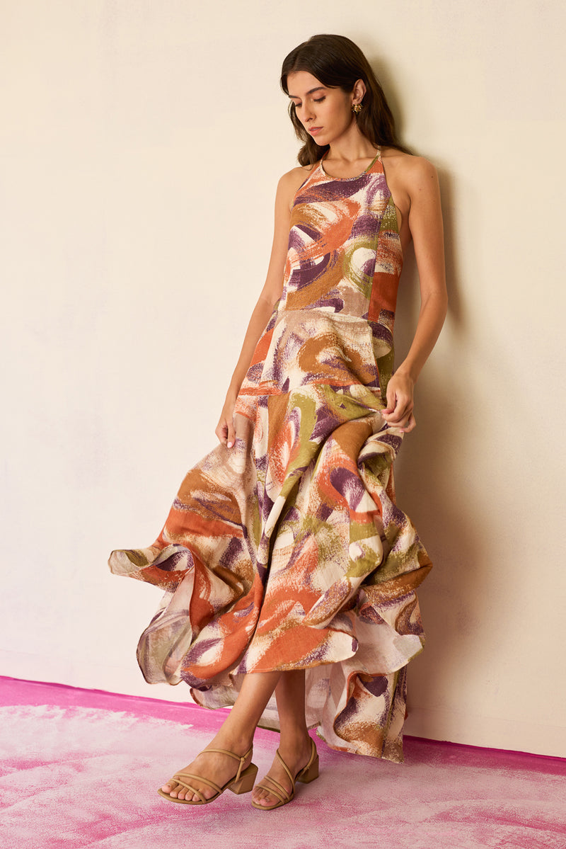 Brushstroke Halter Neck Maxi Dress linen dress by World of SiSa in multi-color for women Worldwide