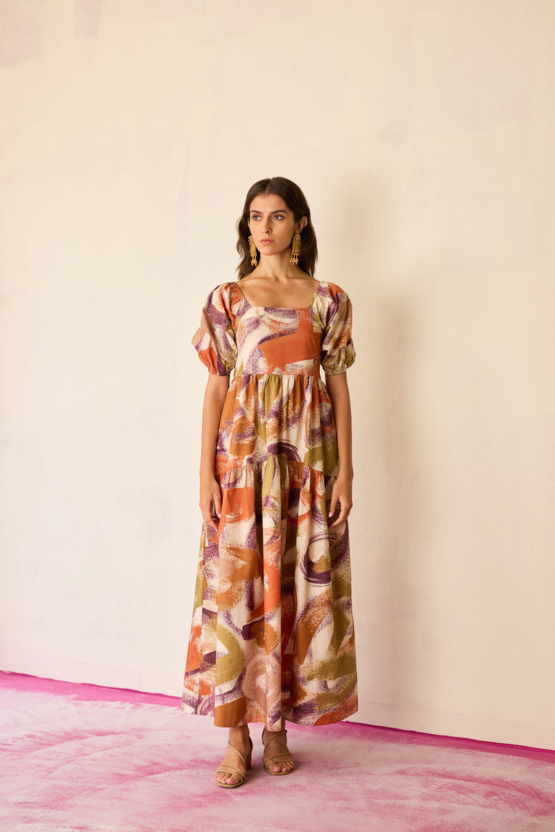 Brushstroke Smocked Maxi Dress cotton dress by World of SiSa in multi-color for women Worldwide
