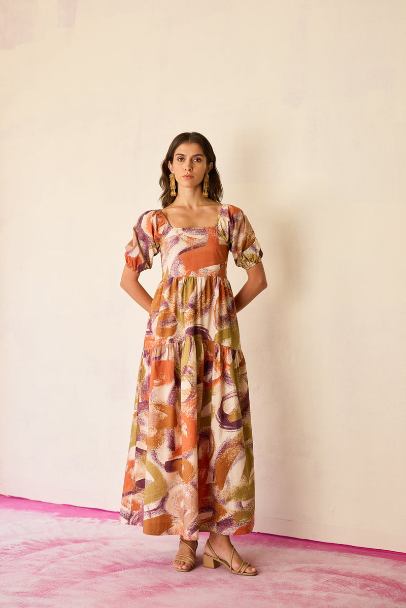 Brushstroke Smocked Maxi Dress cotton dress by World of SiSa in multi-color for women Worldwide