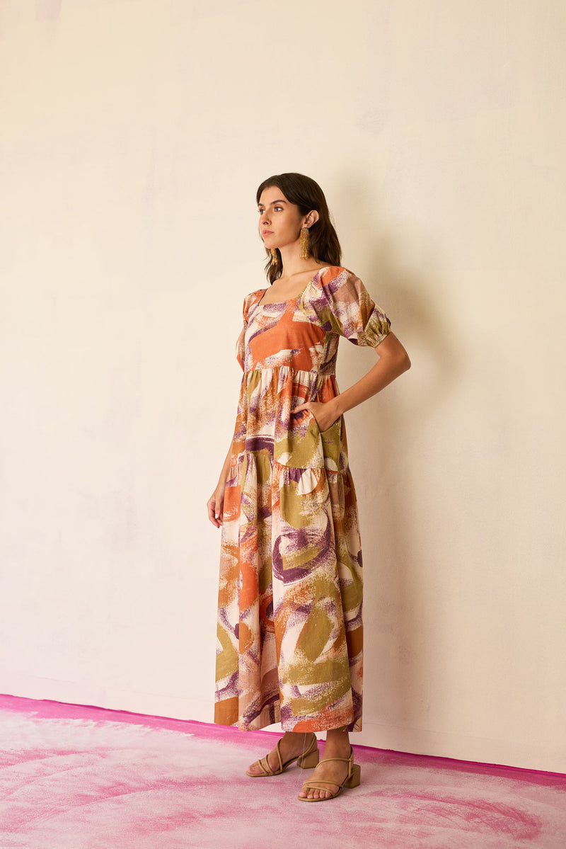 Brushstroke Smocked Maxi Dress cotton dress by World of SiSa in multi-color for women Worldwide