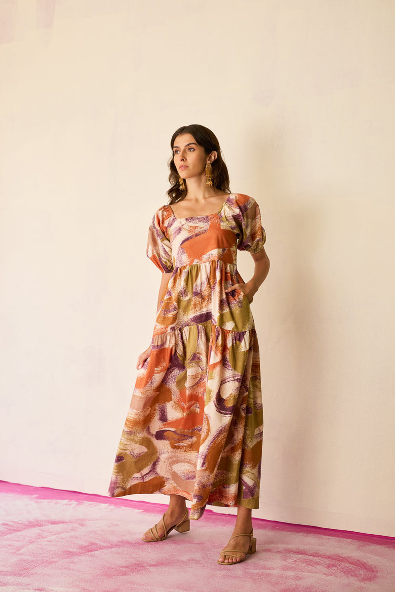 Brushstroke Smocked Maxi Dress cotton dress by World of SiSa in multi-color for women Worldwide