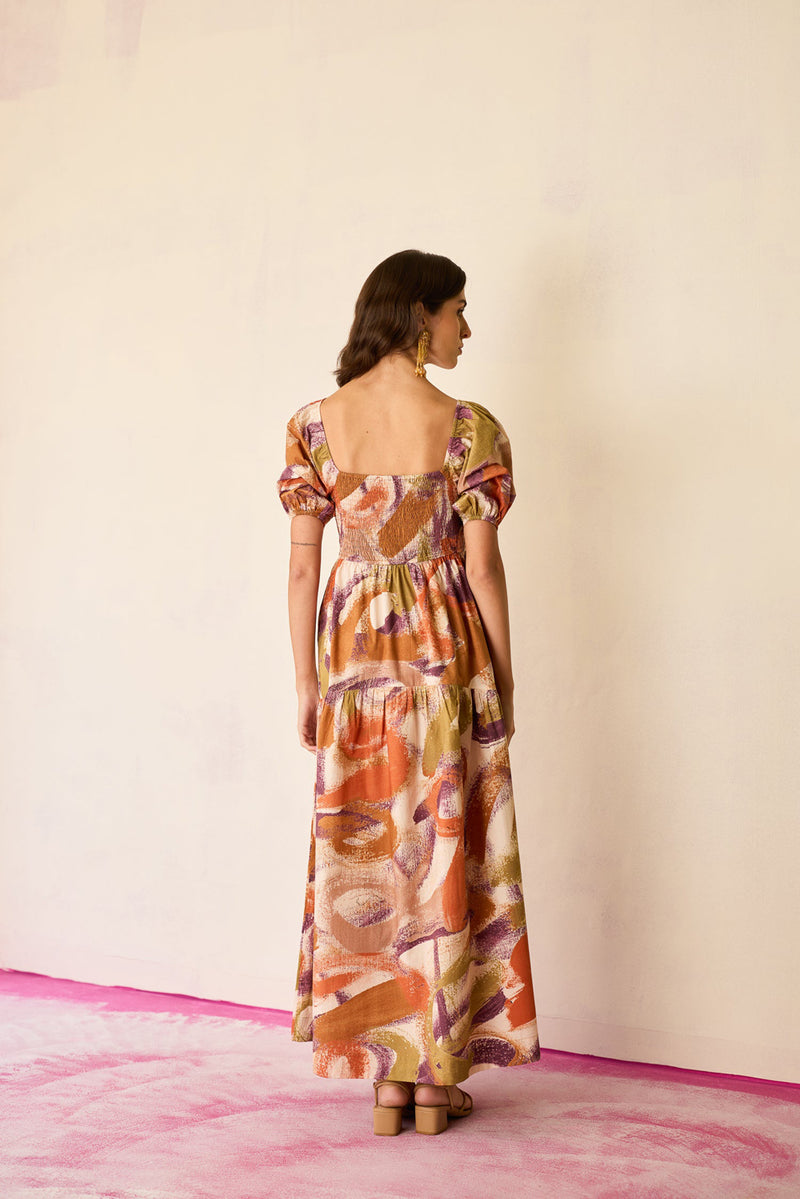 Brushstroke Smocked Maxi Dress cotton dress by World of SiSa in multi-color for women Worldwide