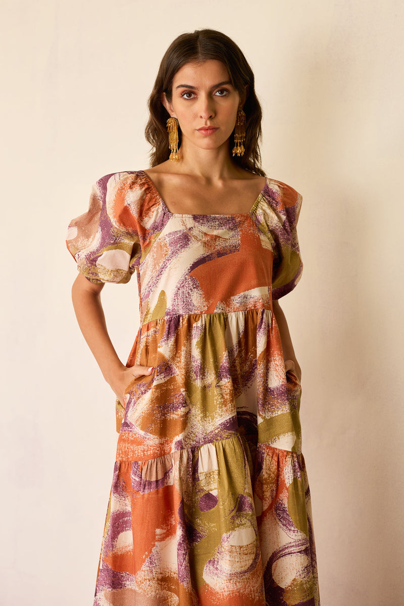 Brushstroke Smocked Maxi Dress cotton dress by World of SiSa in multi-color for women Worldwide