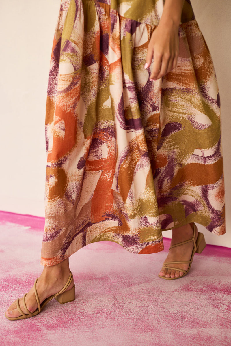 Brushstroke Smocked Maxi Dress cotton dress by World of SiSa in multi-color for women Worldwide