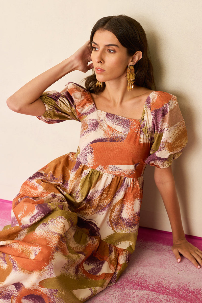 Brushstroke Smocked Maxi Dress cotton dress by World of SiSa in multi-color for women Worldwide