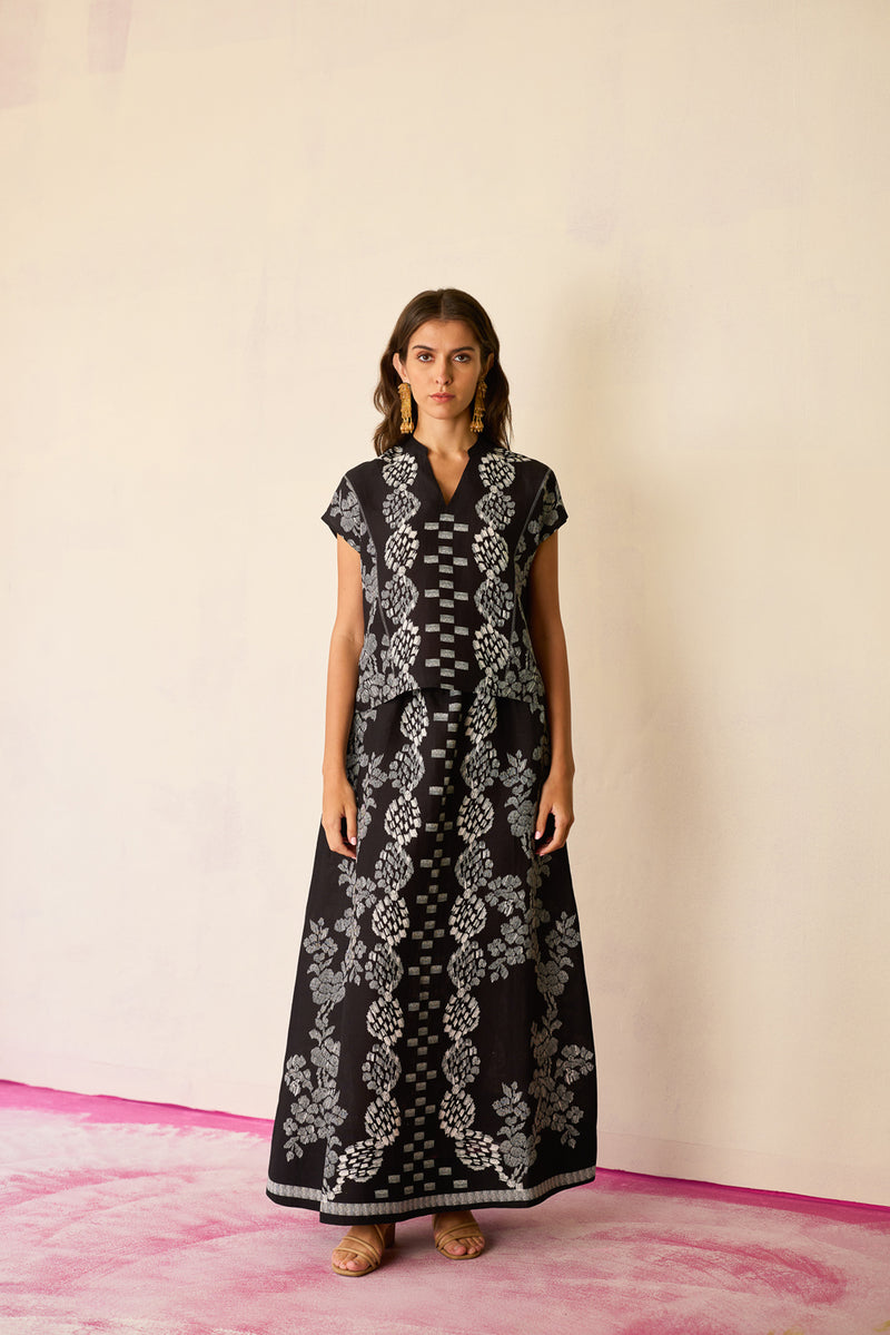Black Geometric Ikat Co-ord Set linen co-ord set by World of SiSa in black for women Worldwide