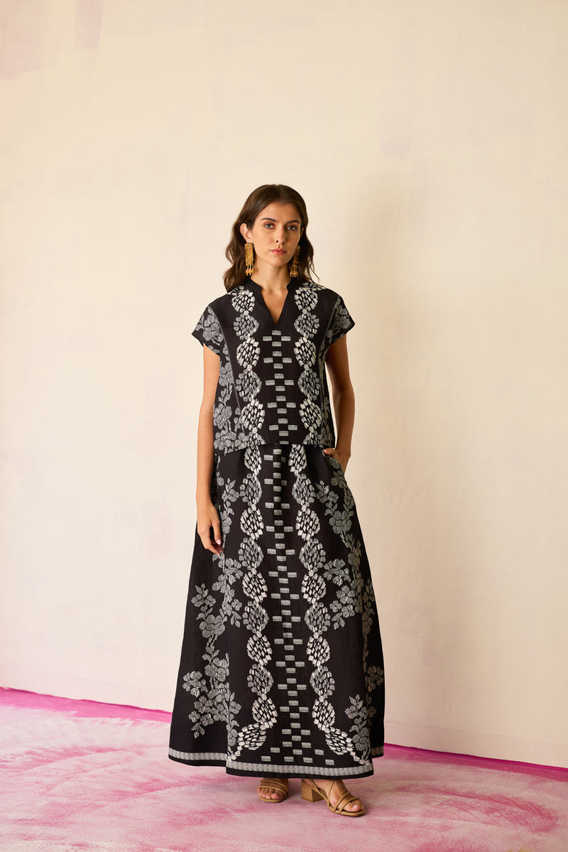 Black Geometric Ikat Co-ord Set linen co-ord set by World of SiSa in black for women Worldwide