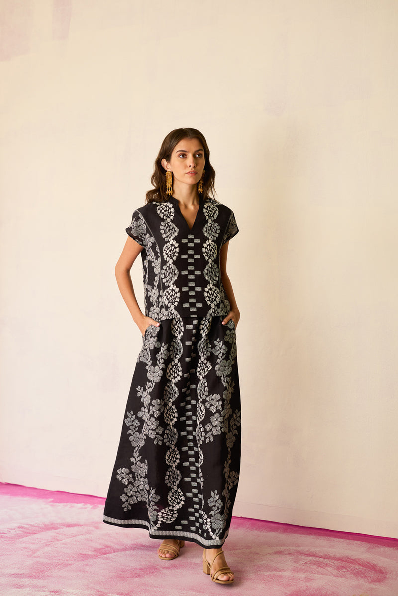 Black Geometric Ikat Co-ord Set linen co-ord set by World of SiSa in black for women Worldwide