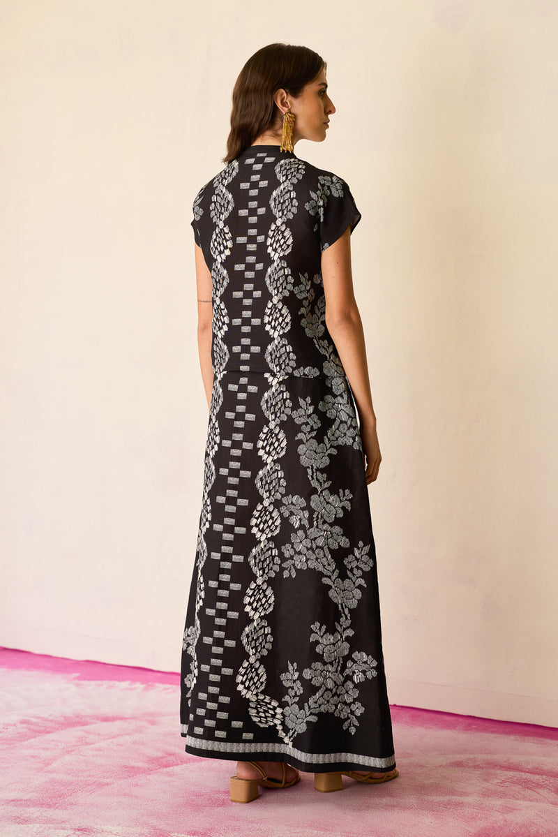 Black Geometric Ikat Co-ord Set linen co-ord set by World of SiSa in black for women Worldwide