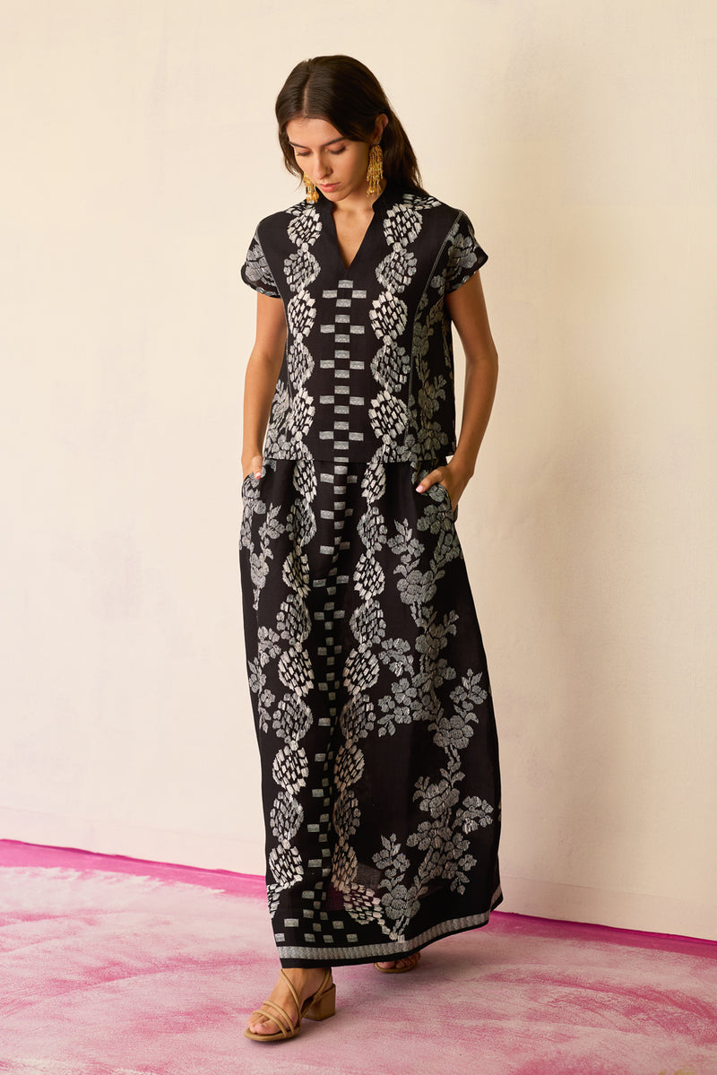 Black Geometric Ikat Co-ord Set linen co-ord set by World of SiSa in black for women Worldwide