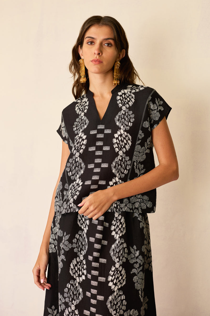Black Geometric Ikat Co-ord Set linen co-ord set by World of SiSa in black for women Worldwide