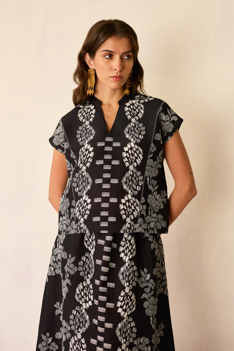 Black Geometric Ikat Co-ord Set linen co-ord set by World of SiSa in black for women Worldwide