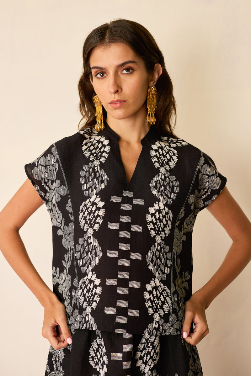 Black Geometric Ikat Co-ord Set linen co-ord set by World of SiSa in black for women Worldwide