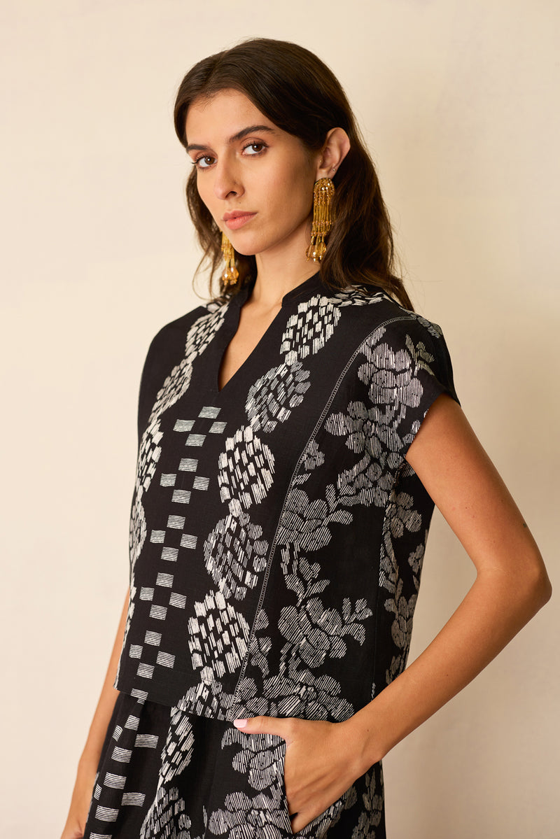 Black Geometric Ikat Co-ord Set linen co-ord set by World of SiSa in black for women Worldwide