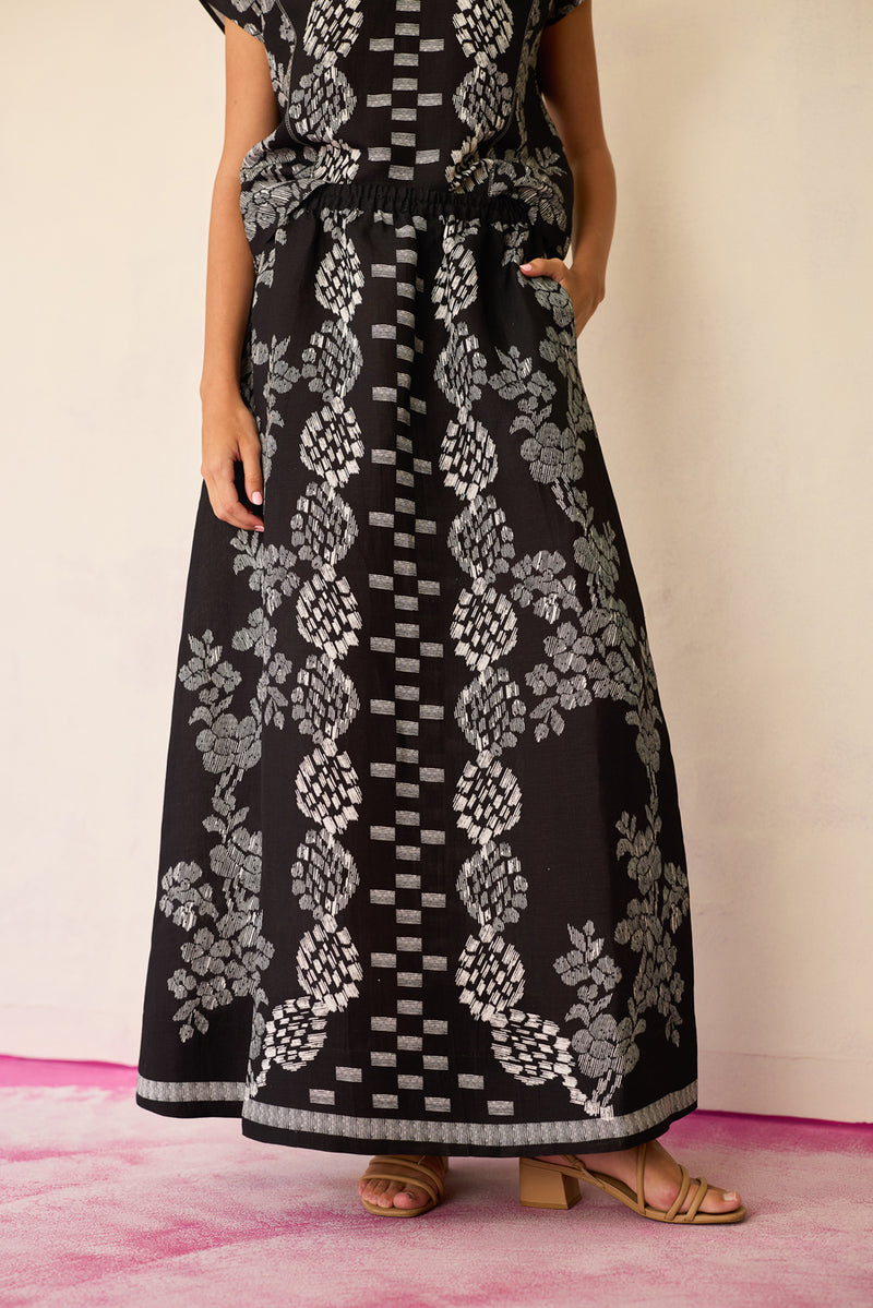 Black Geometric Ikat Co-ord Set linen co-ord set by World of SiSa in black for women Worldwide
