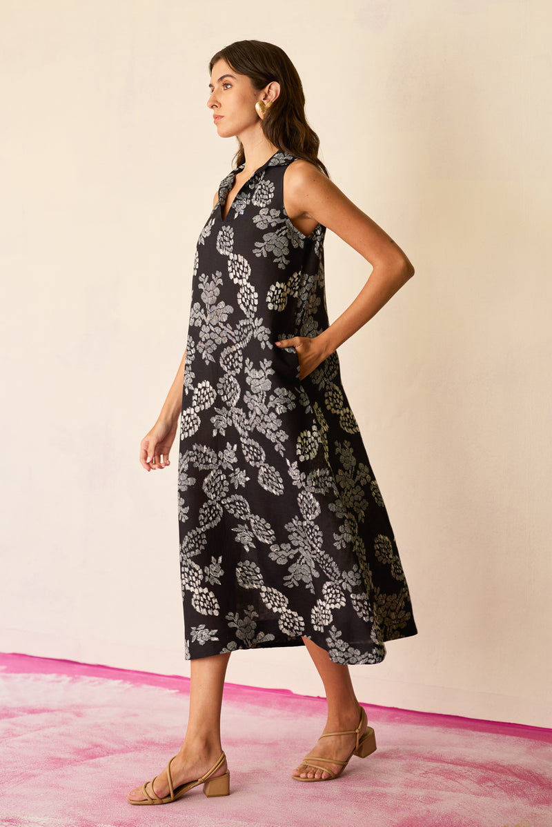 Black Floral Ikat Sleeveless Midi Dress linen dress by World of SiSa in black for women Worldwide