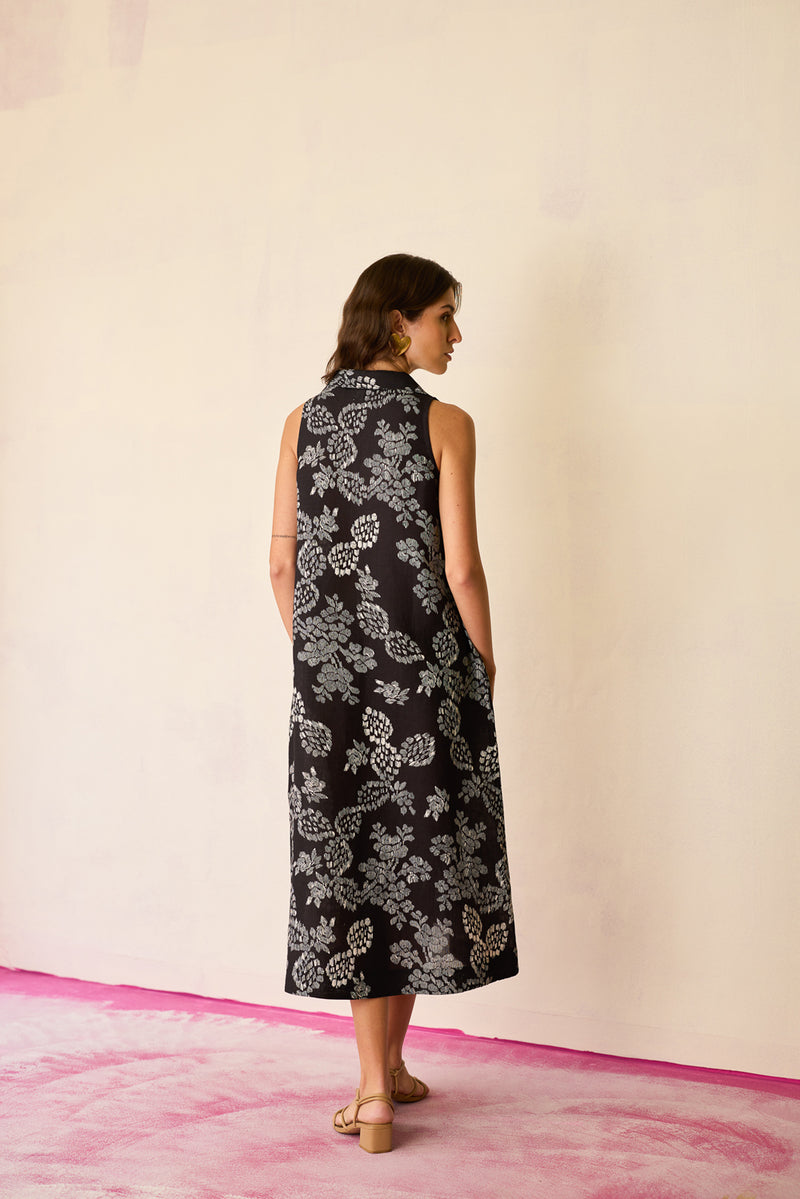Black Floral Ikat Sleeveless Midi Dress linen dress by World of SiSa in black for women Worldwide