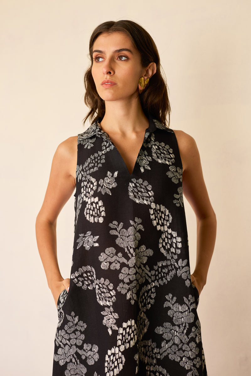 Black Floral Ikat Sleeveless Midi Dress linen dress by World of SiSa in black for women Worldwide