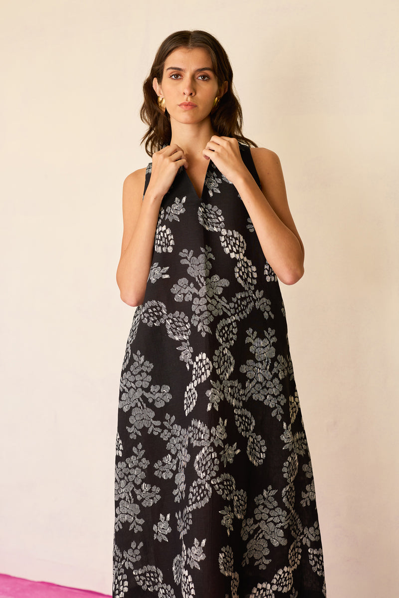 Black Floral Ikat Sleeveless Midi Dress linen dress by World of SiSa in black for women Worldwide