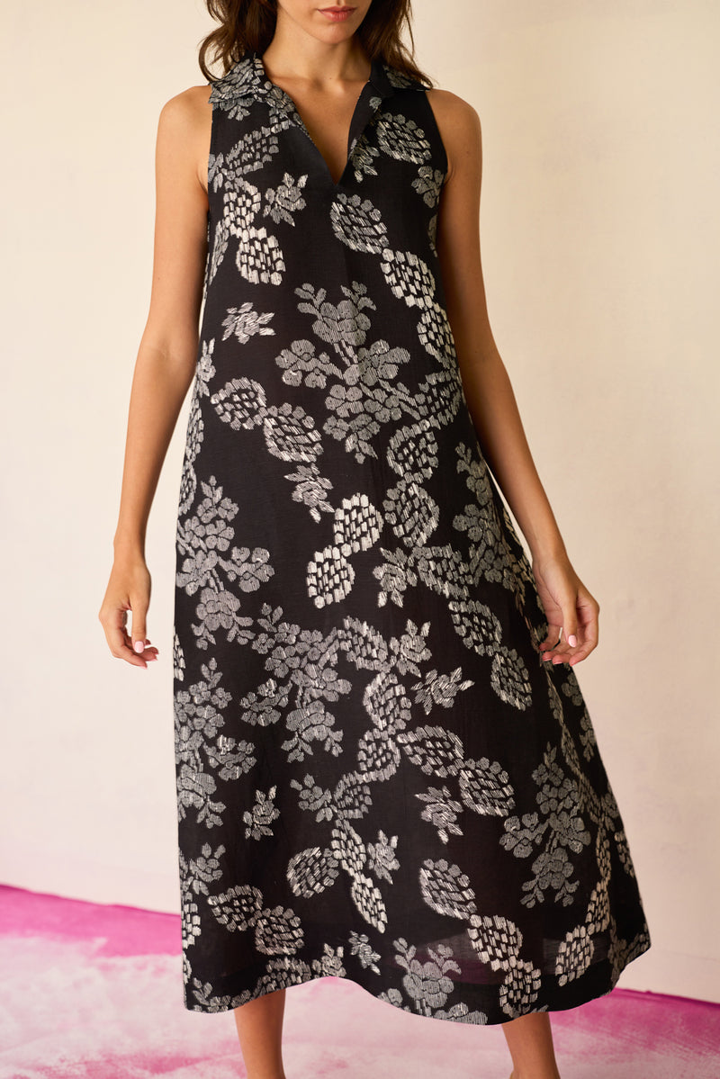 Black Floral Ikat Sleeveless Midi Dress linen dress by World of SiSa in black for women Worldwide
