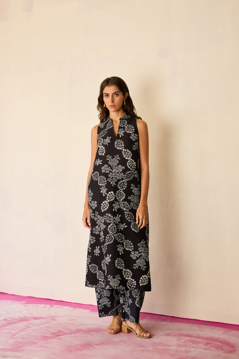 All-over Black Floral Ikat Co-ord Set linen co-ord set by World of SiSa in black for women Worldwide