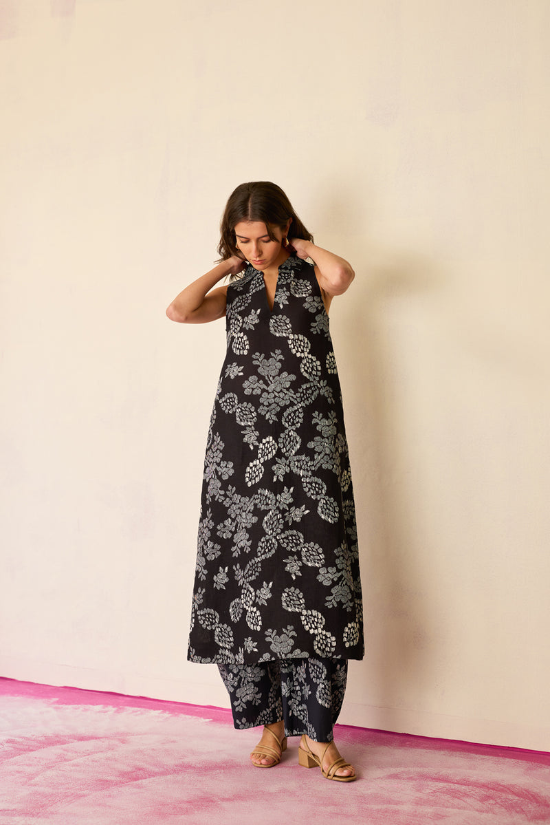 All-over Black Floral Ikat Co-ord Set linen co-ord set by World of SiSa in black for women Worldwide