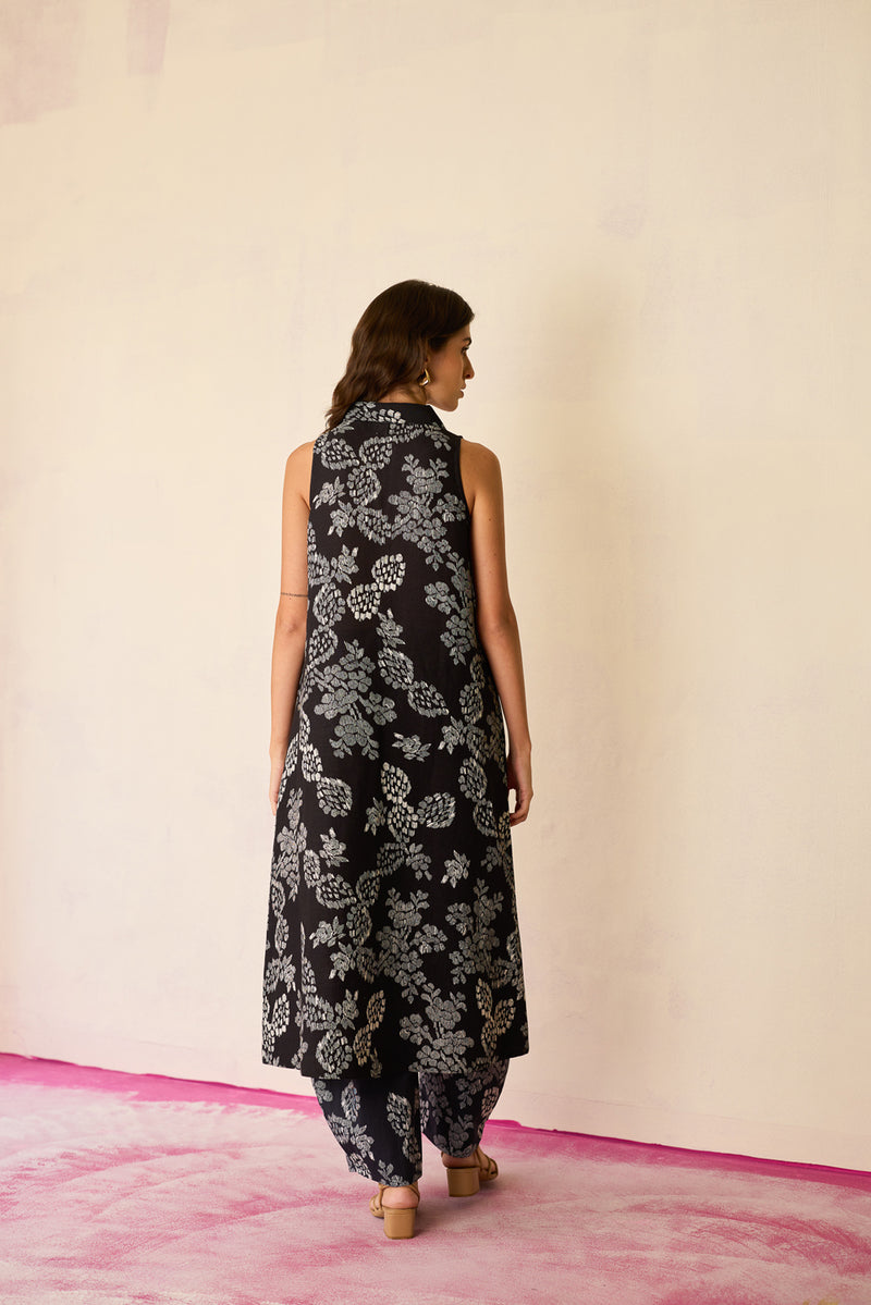 All-over Black Floral Ikat Co-ord Set linen co-ord set by World of SiSa in black for women Worldwide