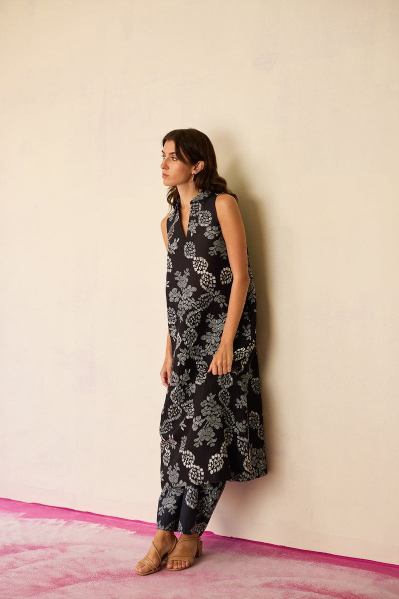 All-over Black Floral Ikat Co-ord Set linen co-ord set by World of SiSa in black for women Worldwide