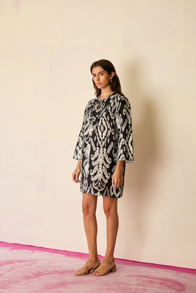 Greyscale Oversized Ikat Shift Dress linen dress by World of SiSa in grey for women Worldwide