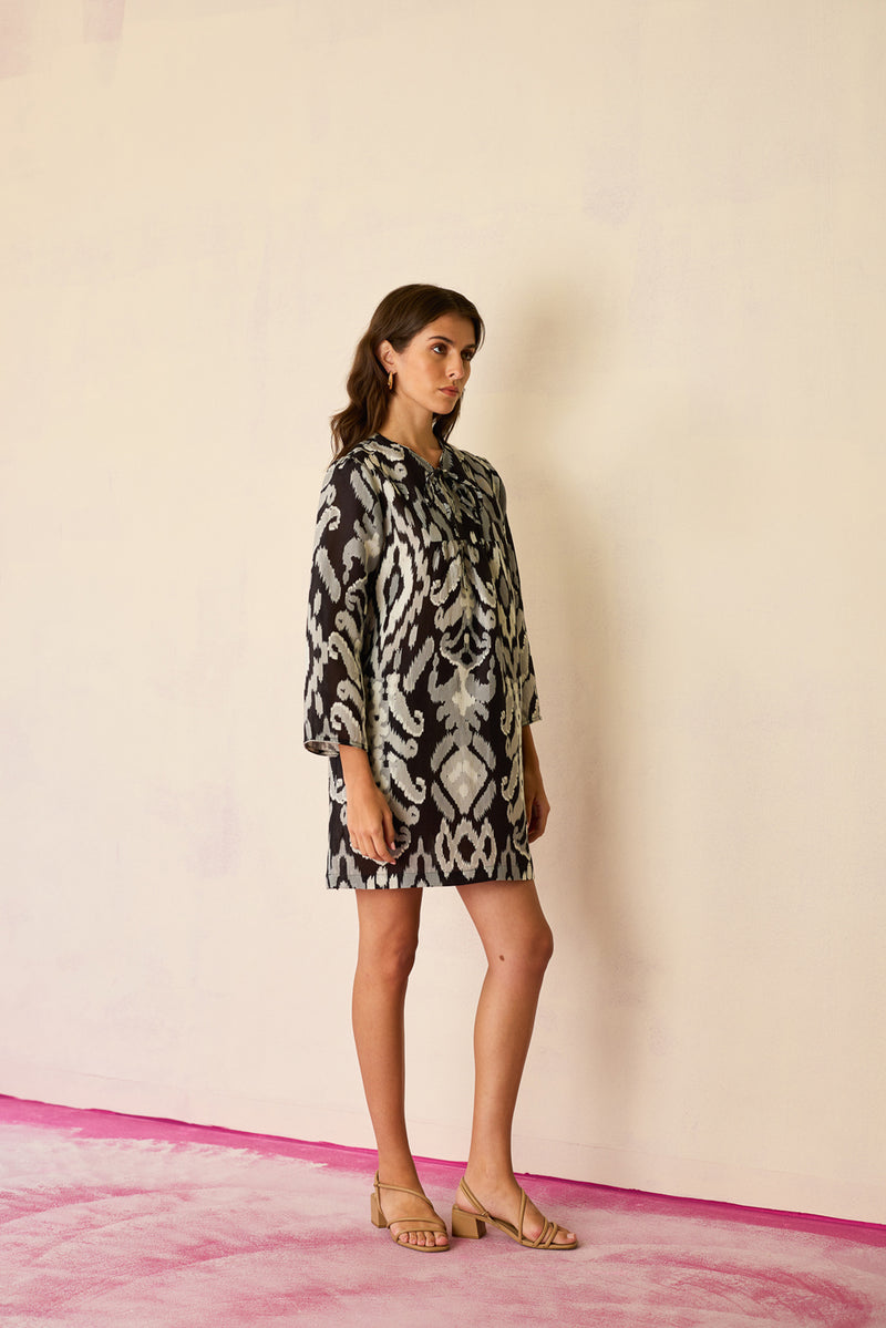 Greyscale Oversized Ikat Shift Dress linen dress by World of SiSa in grey for women Worldwide