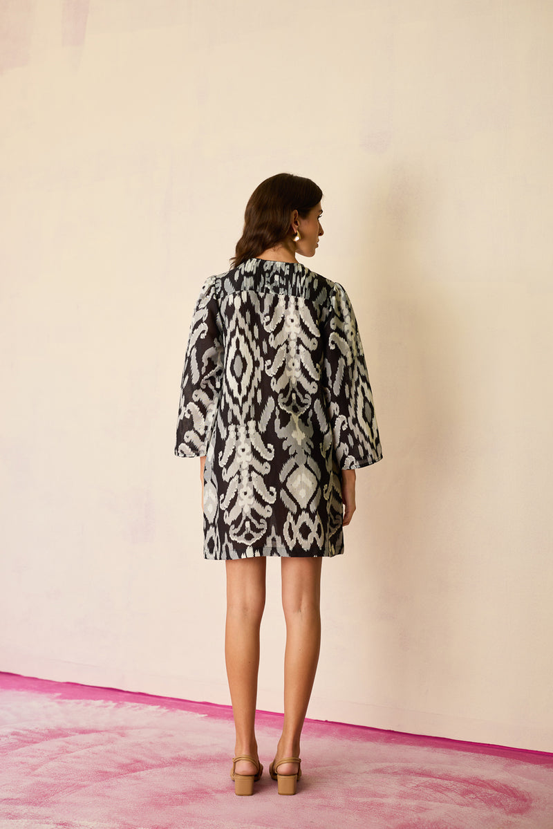 Greyscale Oversized Ikat Shift Dress linen dress by World of SiSa in grey for women Worldwide