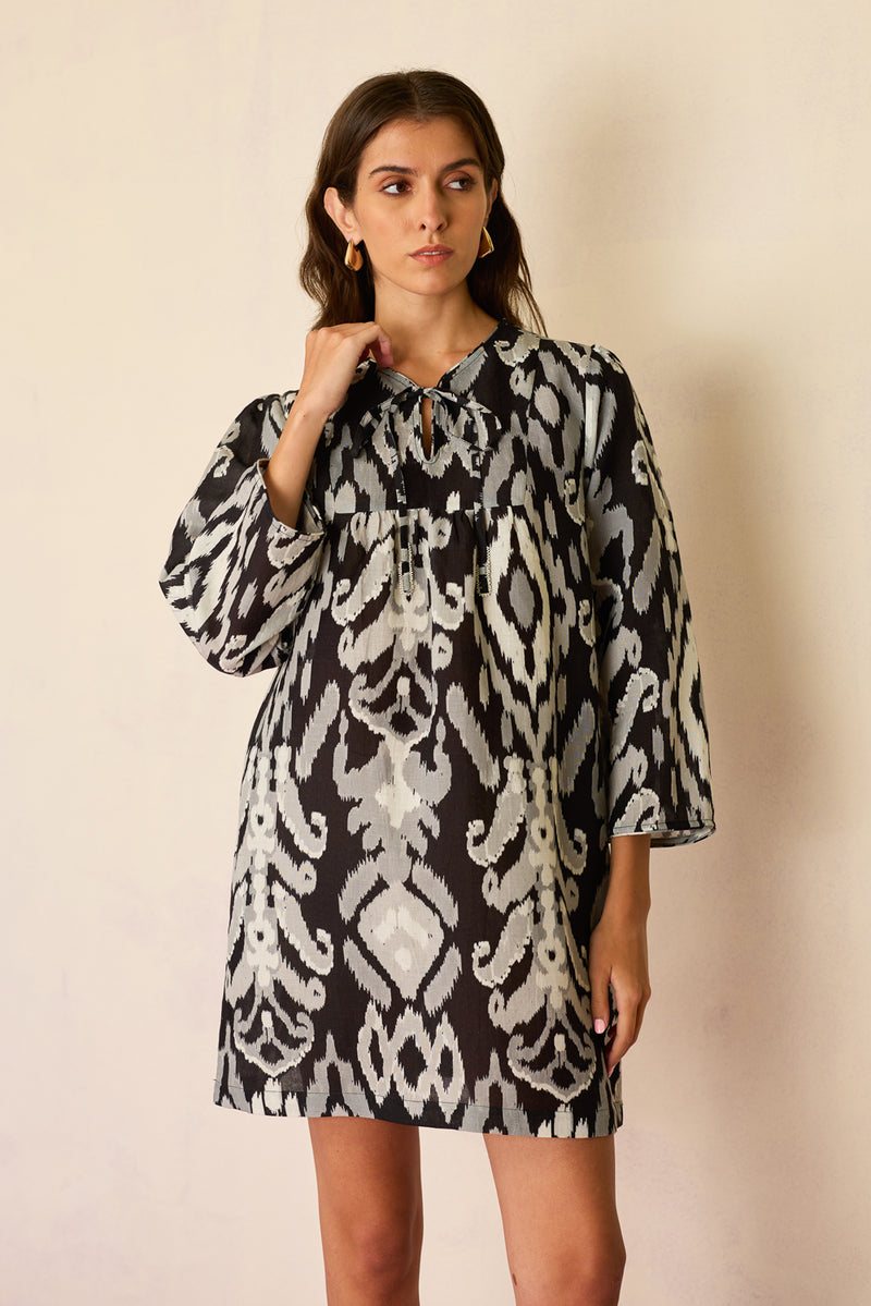 Greyscale Oversized Ikat Shift Dress linen dress by World of SiSa in grey for women Worldwide