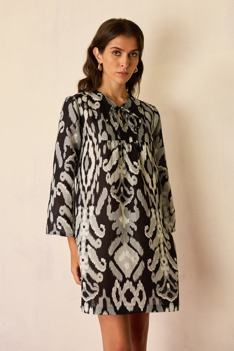 Greyscale Oversized Ikat Shift Dress linen dress by World of SiSa in grey for women Worldwide