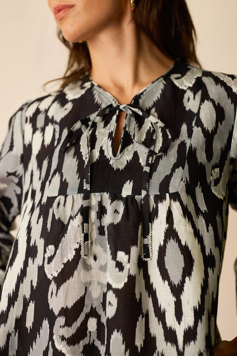 Greyscale Oversized Ikat Shift Dress linen dress by World of SiSa in grey for women Worldwide