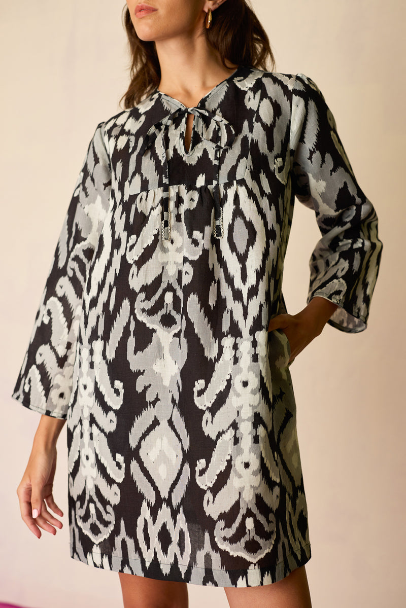 Greyscale Oversized Ikat Shift Dress linen dress by World of SiSa in grey for women Worldwide