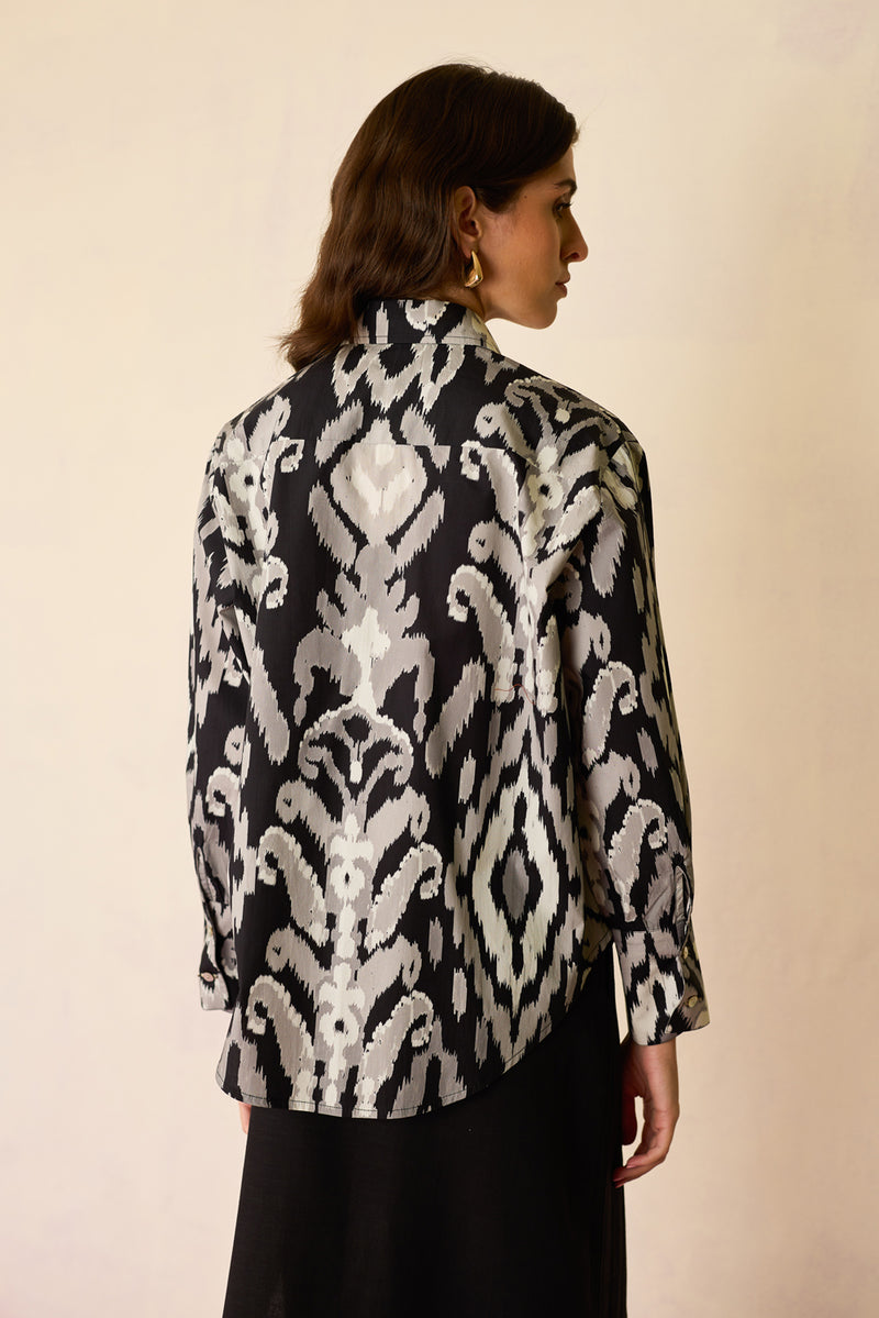 Greyscale Oversized Ikat Shirt cotton top/shirt by World of SiSa in grey for women Worldwide